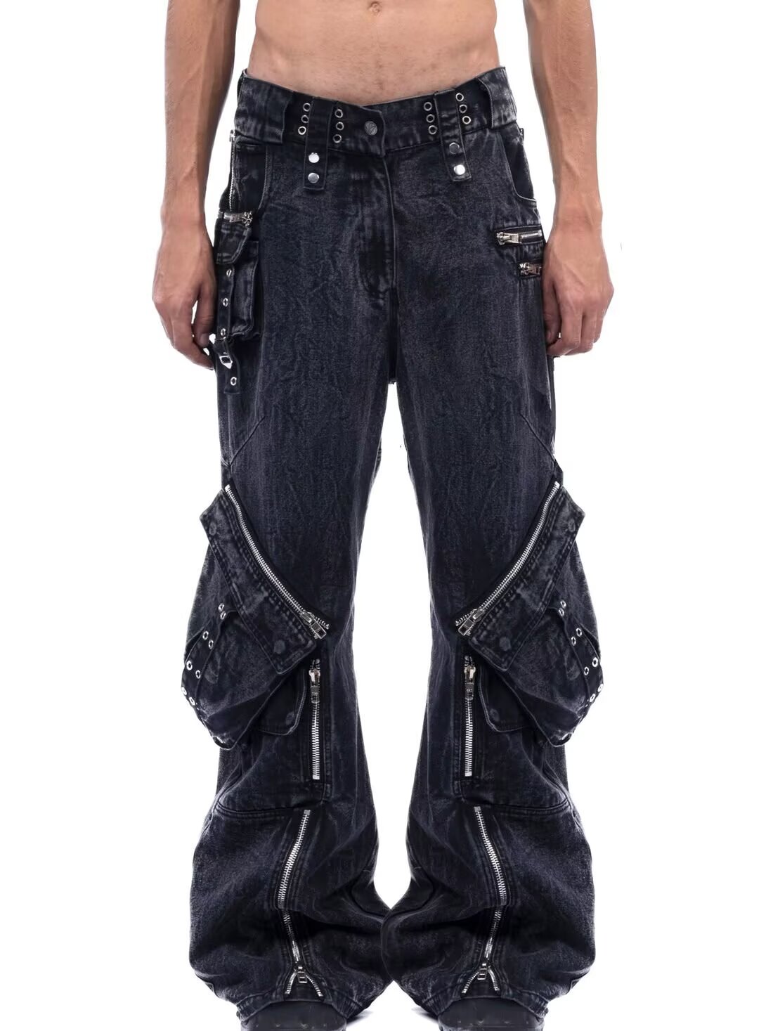 Men'S Fashion With Baggy Jeans - Y2K Black Gothic Punk Multi-Pocket Zipper