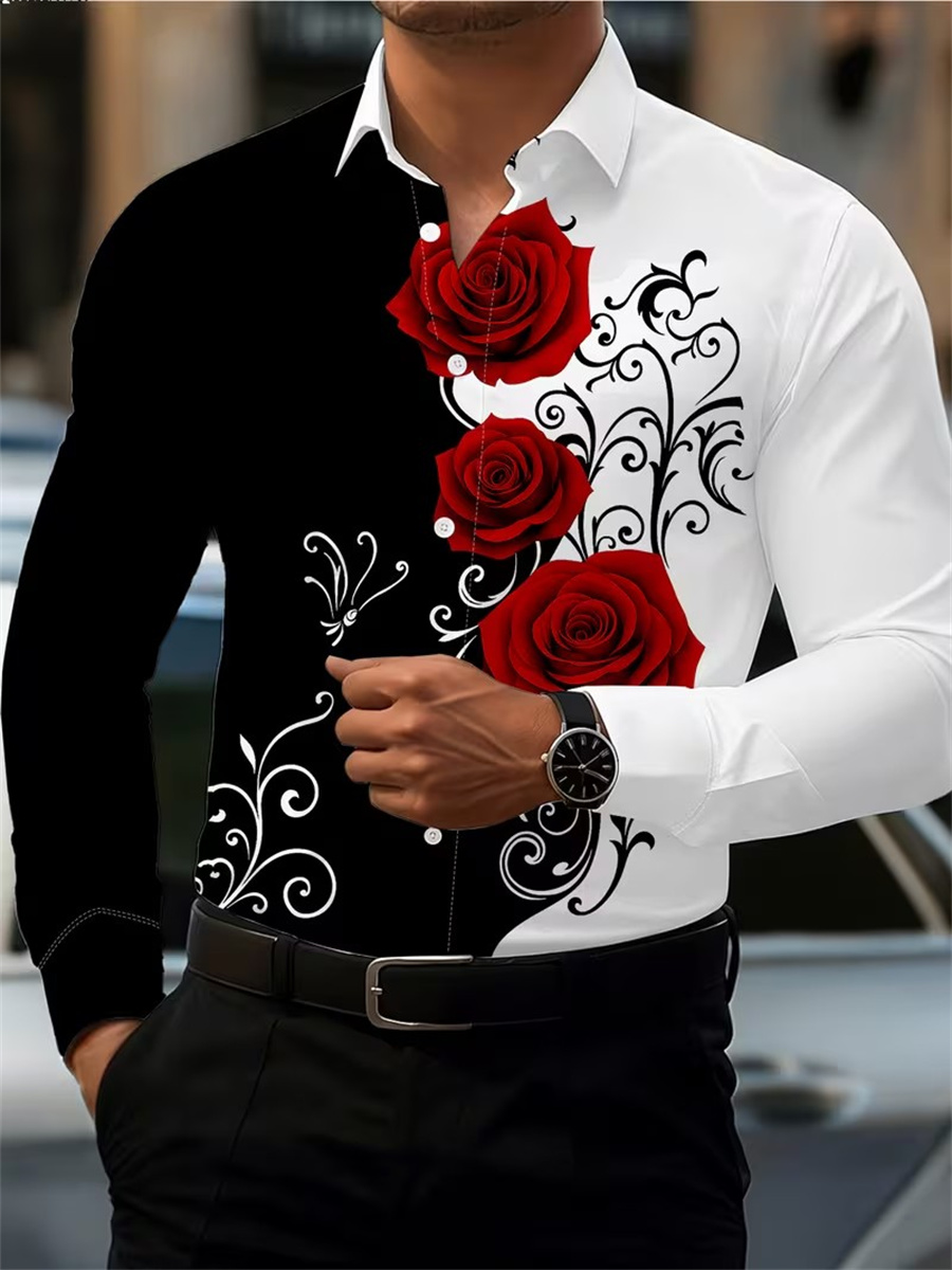 Mens Fashion Summer - Men's Red Rose Print Long-Sleeve Shirt,