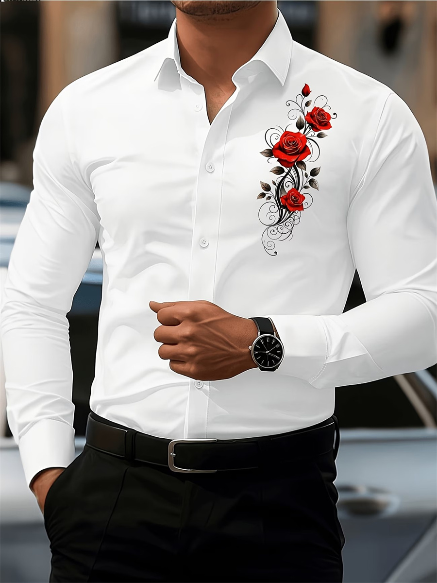 Men's Red Rose Print Long-Slee - Mens Fashion Summer recension och pris