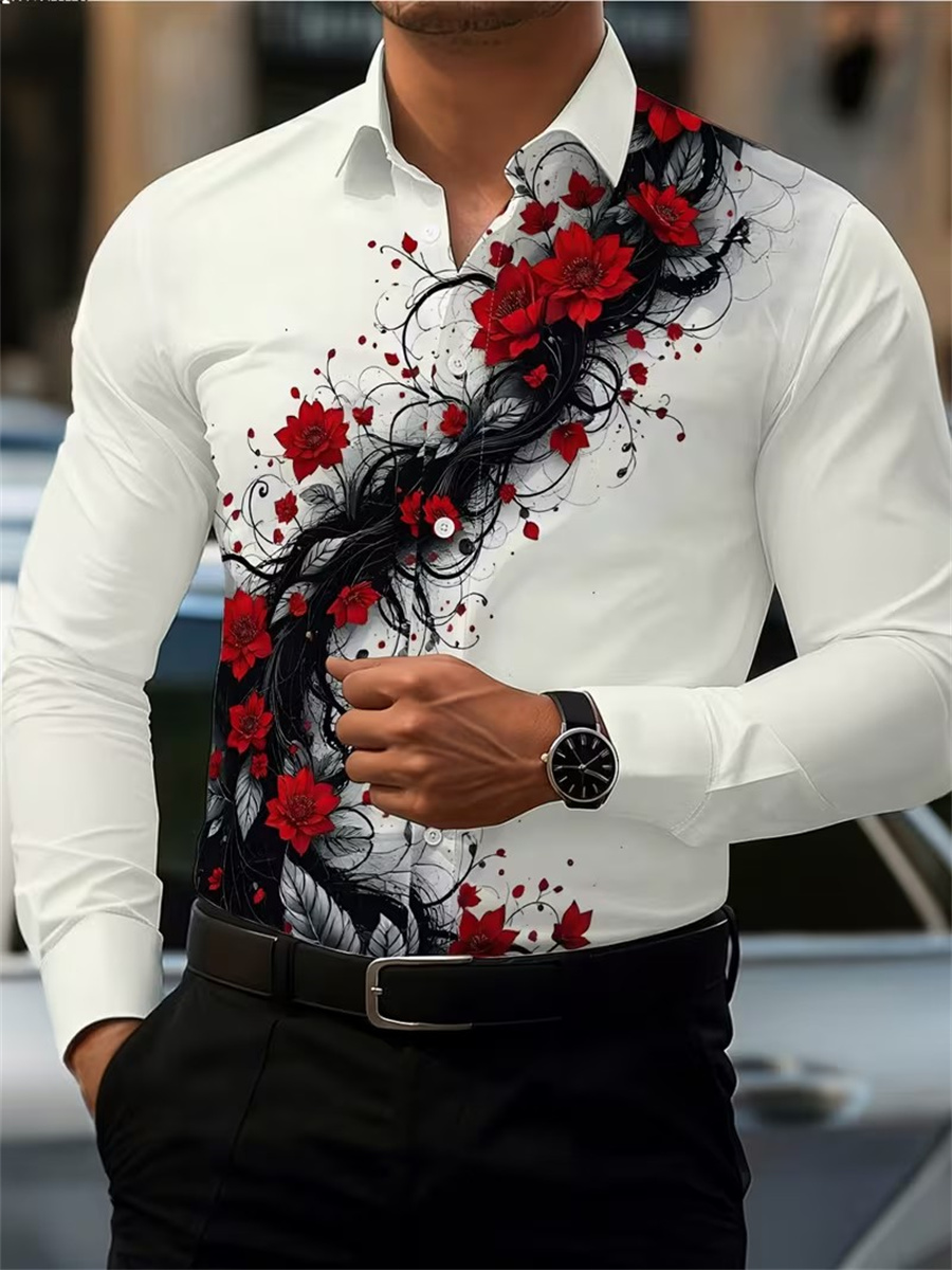 Men's Red Rose Print Long-Slee - Mens Fashion Summer recension och pris